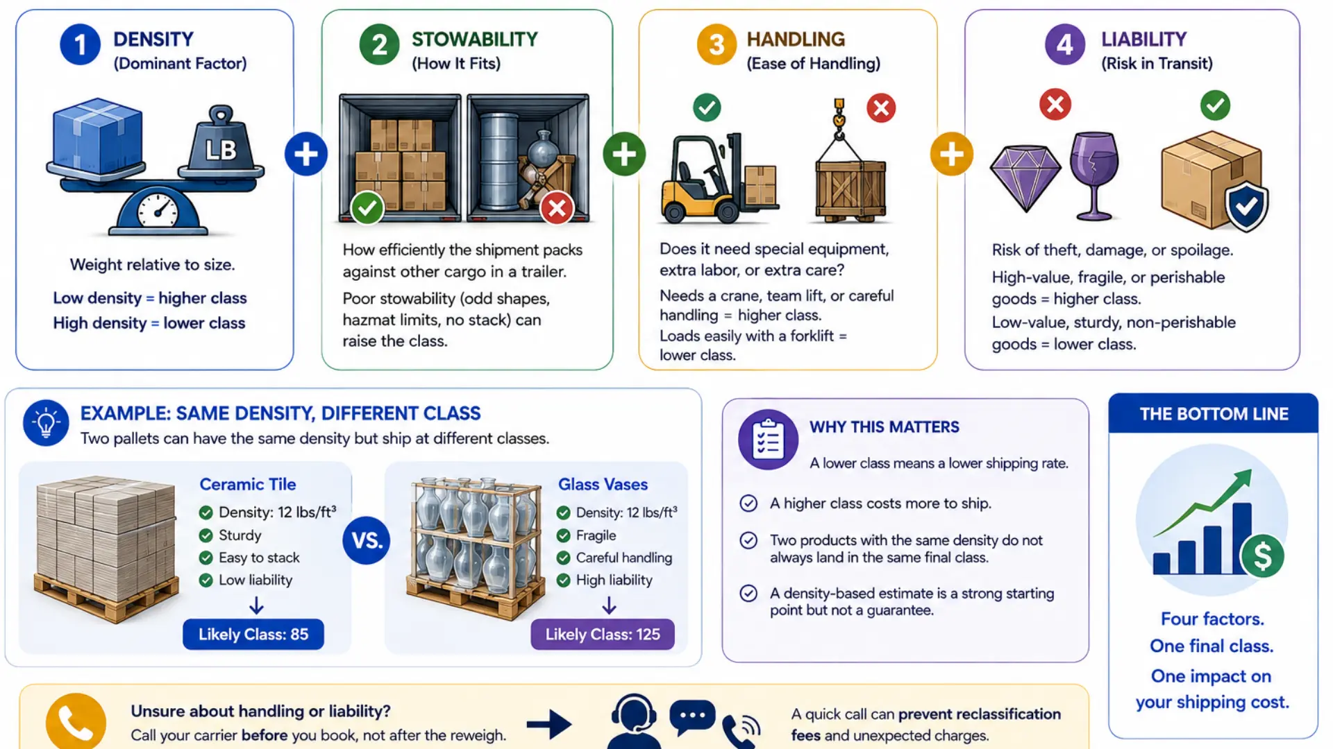 Freight class determination infographic showing the four NMFC factors density stowability handling and liability Freight class determination infographic showing the four NMFC factors: density, stowability, handling, and liability, with a comparison of ceramic tile and glass vases and their impact on freight class and shipping costs.